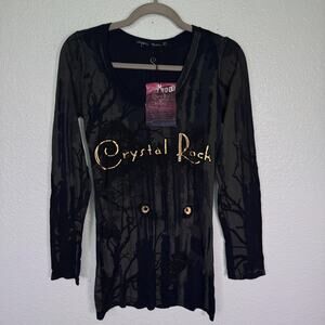 Christian Audigier Y2K Top Women Small Crystal Rock Red Riding Hood Wolf Shirt